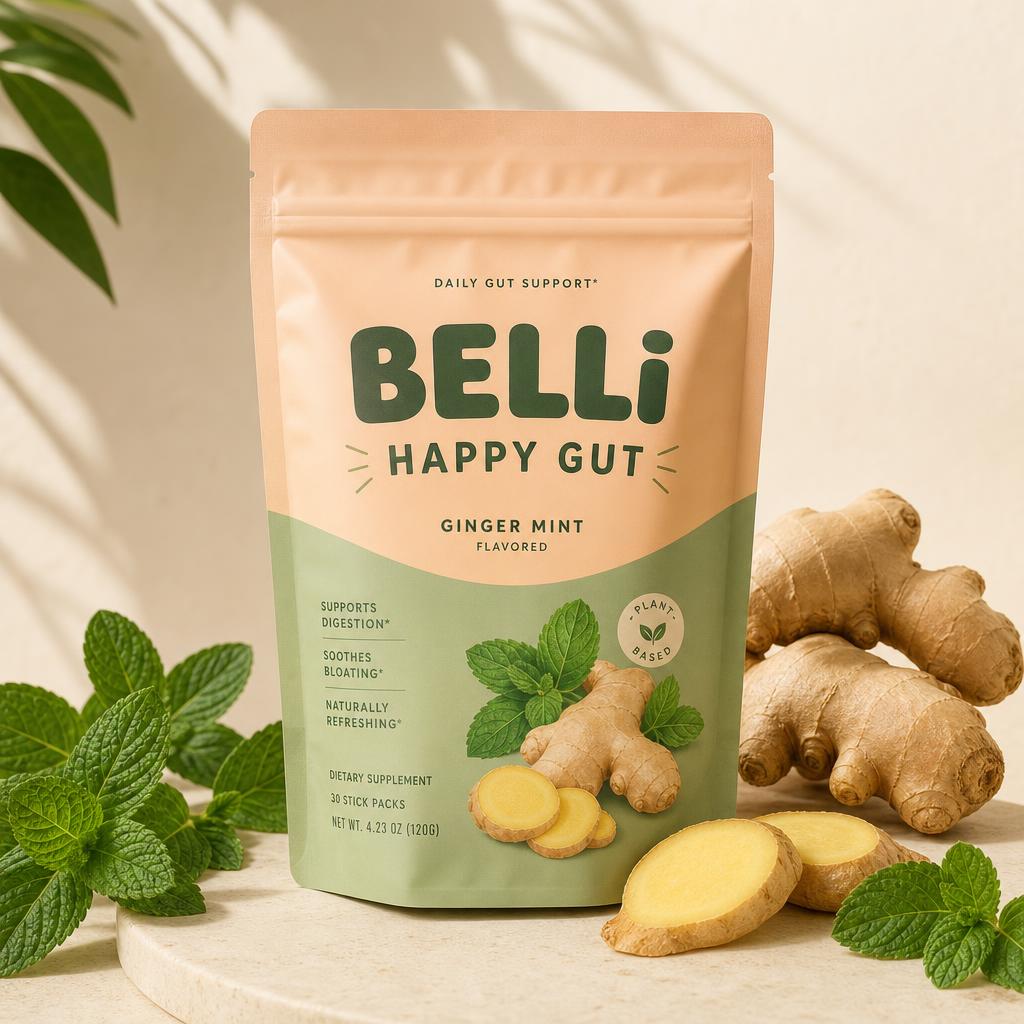 Belli Happy Gut pouch beside fresh ginger and mint